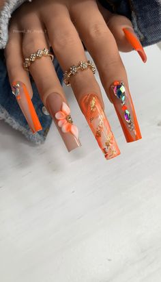 “Summer Orange Glam”( xxl square in picture)•Gorgeous Nude & Orange nail V-tip nails with marble designs, bling and sorbet 3D Acrylic Flower detail•You will receive a set of 10 nails, glue, nail file, wooden cuticle pusher, alcohol wipe, and detailed instructions on how to apply and remove your nail set•Please order a sizing Kit first if you do not know which size nail set to orderInstagram: @Pressed_by_Steph_Twww.Pressedbystepht.com Summer Natural Nails 2024, Orange Nails 3d Flowers, 2024 Nail Summer Trends, Coffin Style Nails Summer, Orange Stilleto Nails Long, Pastel Marble Nail Art, Orangy Red Nails, Glam Acrylic Nails Bling, Vacation Nails Inspiration