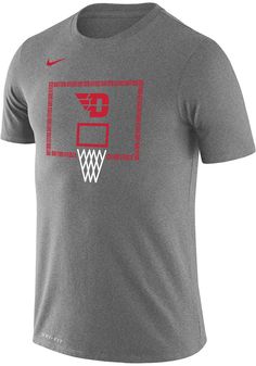 Keep cool while showing your Dayton Flyers spirit in this Grey Legend T Shirt. This Short Sleeve is the perfect Tee for working out, heading to class, or cheering on the Flyers. Featuring a heathered screen print of Flyers logo on center chest, there's no mistaking your Dayton Flyers pride in this Flyers Legend T Shirt! Dri-FIT fabric, Self-fabric neckband, Rib crew neck with interior taping, Streamlined athletic fit, Swoosh trademark screen-printed on the left chest, Screen print graphic, Dri-F Collegiate Athletic Heather Tops For Sports Events, Athletic Heather Moisture-wicking Tops For Sports, Moisture-wicking Athletic Heather Top For Sports, Athletic Heather Collegiate Sports Top, Gray Fan Apparel Tops For Sports Events, Collegiate Gray Tops For Sports Events, Gray Collegiate Tops For Sports Events, School Spirit Sports Top With Moisture-wicking, Athletic Heather Team Spirit Sports Top