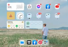 a man is standing in the middle of a field with many different app icons on it