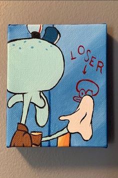 a painting of a cartoon character holding the hand of someone's foot while they are looking at each other