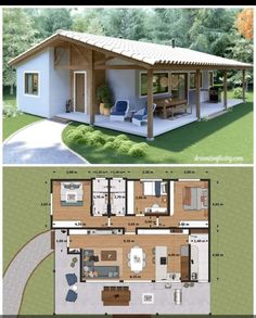 two pictures show the plans for a small house, one with an open floor plan