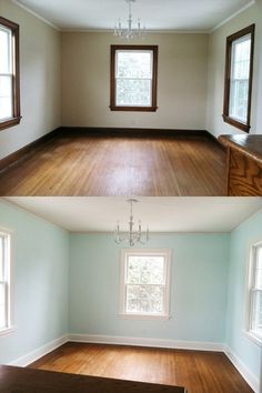 before and after shots of an empty living room with wood flooring, chandelier and windows