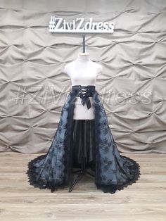 "DELIVERY TIME: 10-20 days Production time- 2 - 3 weeks. Please, in detail for your order, indicate the measurement of your WAIST! Lace Detachable Black Train for your black wedding! The train is made of some layers of tulle and one layer of lace Chantilly, which is attached to the hard satin belt. Size of the train what is on pictures of this listing: The back length of this train from а waistline is 1.7 meters (67'') The length in front of this train from а waistline is 1,2 meters (47\") . Ple Black Tulle Corset Dress For Wedding, Black Lace Corset Dress With Lace Bodice, Fitted Black Dress With Detachable Train, Elegant Wedding Corset With Tulle Skirt, Black Lace Corset For Wedding, Black Lace Wedding Corset, Elegant Black Corset For Wedding, Elegant Black Wedding Corset, Fitted Black Dress With Sashes