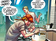 a man and woman are cooking in the kitchen with comic bubbles above them that say, i love you