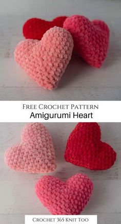 three crocheted hearts are shown with the text free crochet pattern amigurmi heart