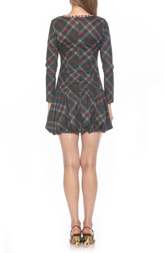 A laced ribbon and floppy bow flatters the square neckline of a drop-waist bubble-hem dress crafted from a plaid printed jersey. Long sleeves Square neck 95% polyester, 5% spandex Machine wash, tumble dry Imported Fitted Dresses With Ruffle Hem And Skirted Shape, Fitted Ruched Dresses, Fitted Skirted Dress For Fall, Fitted Plaid Mini Dress With Square Neck, Fitted Mini Dress With Pleated Hem For Fall, Printed Jersey, Drop Waist Dress, Bubble Hem, Dress Crafts