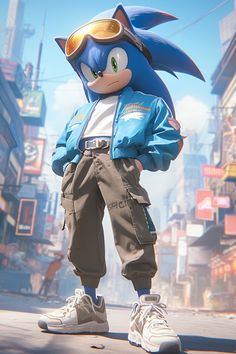 sonic the hedgehog stands in front of a cityscape with buildings and signs