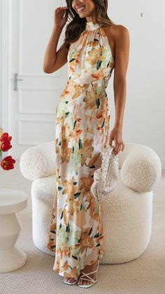 Toperth Floral Halter Open Back Maxi Dress – Toperth Green Halter Dress, Vacation Maxi Dress, Vestidos Halter, Backless Long Dress, Sleeveless Skirt, Printed Halter Dress, Dress Sleeve Length, Woman Personality, Warm Dresses