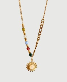 Description This stunning sun pendant necklace features a beaded sun design on a gold chain, adding a pop of colour to any outfit. Material: 18k Gold Plated on Stainless Steel Waterproof & Tarnish free Length: 165 mm Weight: 7.47 g Earth Jewelry, Sun Design, Sun Pendant, Jewelry Accessories Ideas, Necklace Pendants, Dope Jewelry, Jewelry Essentials, Funky Jewelry, Waterproof Jewelry