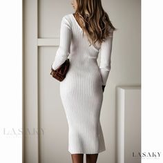 Lasaky - Classic Striped Long Sleeve Midi Dress Elegant White Non-stretch Bodycon Dress, White Bodycon Dress For Fall, Elegant Ribbed Midi Dress For Day Out, Elegant Long Sleeve Sweater Dress For Day Out, Casual White Bodycon Dress For Fall, Elegant Fall Sweater Dress For Day Out, Casual White Fitted Long Sleeve Dress, Elegant Ribbed Dress For Day Out, Non-stretch Elegant Winter Midi Dress