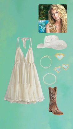 a woman's outfit and accessories on a blue background