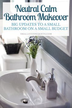 a bathroom sink sitting under a mirror next to a white toilet and bathtub with the words neutral can bathroom makeover written on it