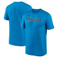 Take any Miami Marlins look to new heights with this New Legend T-shirt. It features a bold team wordmark across the chest and a classic crew neck design for all-day comfort. Step out in striking Miami Marlins style with this Nike shirt. Brand: Nike Dri-FIT technology wicks away moisture Machine wash, tumble dry low Move To Zero is Nike's journey toward zero carbon and zero waste to help protect the future of sport. Apparel labeled sustainable materials is made with at least 55% recycled content Blue Graphic Tee With Lettering, Sports T-shirt With Lettering And Short Sleeves, Blue Short Sleeve T-shirt With Lettering, Blue Short Sleeve Tops With Lettering, Pre-shrunk Blue Nike Tops, Sporty Blue T-shirt With Lettering, Nike Blue Fan Apparel Tops, Nike Blue Tops For Fan Merchandise, Nike Blue T-shirt For Sports Events