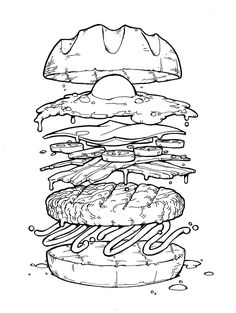 a drawing of a hamburger with bacon and cheese on it