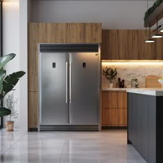 a modern kitchen with stainless steel appliances and wood cabinets, along with potted plants