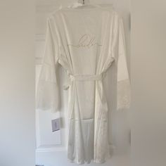 Nwt White Bride One Size Lace Trim Classy Wedding Robe White Lace Trim Wedding Sleepwear, White Long Sleeve Robe For Bridal Shower, White Fitted Sleepwear For Wedding Night, White Long Sleeve Sleepwear For Wedding, White Long Sleeve Sleepwear For Honeymoon, Bridal Maids, Bridal Intimates, Silk Bridal Robe, Satin Bridesmaids Robes