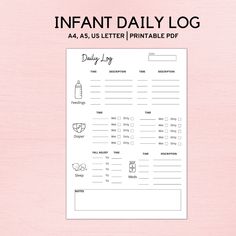 the printable daily log for baby's diaper is shown on a pink background