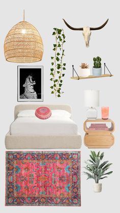 a bedroom with plants, rugs and other items on the wall next to it