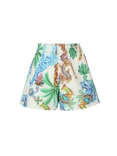 -Flared shorts -Zip closure and concealed hook -High waisted style -Exotic print -Made in Italy -Colour: tropicalComposition: 100% Polyester Beachwear Bottoms With Tropical Print, Tropical Print Short Beachwear Bottoms, Tropical Multicolor Bottoms With Built-in Shorts, Tropical Print Short Bottoms, Printed Tropical Shorts For Spring, Tropical Style Shorts With Tropical Print, Short Tropical Print Bottoms, Printed Vacation Shorts, Multicolor Tropical Print Shorts For Spring