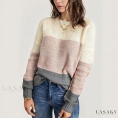 Lasaky - Stylish and Comfortable Color Block Sweater - Perfect for Casual and Relaxed Outfits Cheap Sweaters Online, Color Block Sweaters, Fall Knit Sweater, Casual Pullover Sweater, Casual Knitwear, Cheap Sweaters, Colour Blocking, Round Neck Sweaters, Sweaters Online