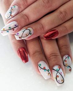 Winter holiday Short Nail Xmas Designs, Coffin Nail Designs Winter, Winter Nails Coffin Short, Short Coffin Nails Christmas, Nail Designs For Ring Finger, Christmas Nails Summer, Christmas Nail Designs Lights, Short Coffin Winter Nails, Red Nail Designs Winter