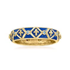 .10 ct. t.w. Sapphire and Blue Enamel Fleur-De-Lis Ring in 18kt Gold Over Sterling | Ross-Simons Enamel Rings, Sapphire Birthstone, Round Sapphire, Widget Icon, Natural Gold, Jewelry Lookbook, Enamel Ring, Timeless Jewelry, Sapphire Stone