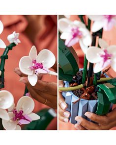 two pictures of flowers being held by someone's hands and one is holding a lego plant