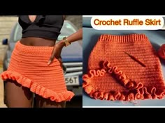 an orange crochet ruffle skirt is shown next to a woman's hand