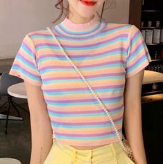 Pastel Color Rainbow Stripe Knit Top sold by Violetlace Boutique on Storenvy Aesthetic Clothes Pastel, Cute Sweatpants, Crop Top Sweatshirt, Striped Turtleneck, Ribbed Crop Top, Forever21 Tops, Crop Top Sweater, Harajuku Fashion, Pastel Rainbow