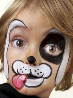 Kids face painting. This would be perfect for Isabella! She is Patch in the 101 Dalmations musical. Puppy Makeup, Puppy Face Paint, Dog Face Paints, Obličejové Masky, Face Painting Tutorials, Simple Face