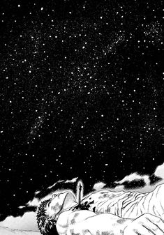 a black and white drawing of a man laying on the ground with stars in the sky