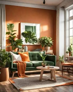 a living room filled with furniture and lots of potted plants on top of them