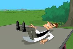 a cartoon man laying on the ground in front of a tree with his hands out