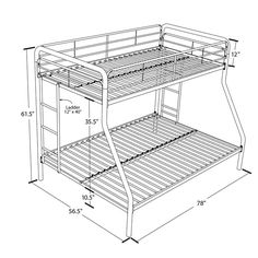 the bunk bed frame is shown with measurements for each side and bottom section, along with two