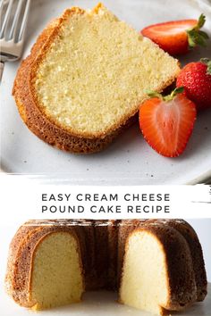 two pictures showing different types of cake with strawberries on the top and bottom side