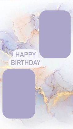 the words happy birthday are written in white and purple letters on a marbled surface