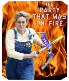 the party that was on fire poster with an image of a woman holding a toy