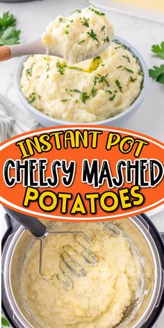 instant pot cheesy mashed potatoes recipe with text overlay