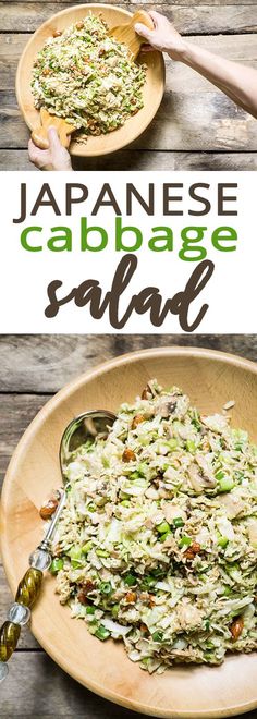 japanese cabbage salad on a wooden plate with spoons and serving utensils next to it