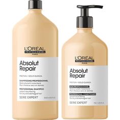 The Absolut Repair range repairs and rebuilds very damaged and sensitized hair. Its formula infused with golden quinoa and wheat proteins completely restores hair, for incredibly silky hair. THIS DUO INCLUDES: Absolut Repair shampoo 50.7oz Absolut Repair instant resurfacing conditioner 25.3oz FEATURES For very damaged hair Restores instantly Leaves hair brighter and softer Gold Quinoa Bran extract Wheat Protein Products For Damaged Hair, Shower Aromatherapy, Gene False, Hair 2022, Moisturizing Toner, Hair Collection, Clean Skincare, Nourishing Hair