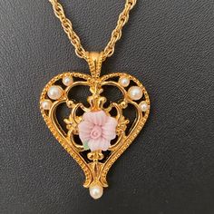 Vintage Avon Signed 24” Heart Pendant Rose And Pearl Necklace Never Worn! Vintage Pink Necklace For Anniversary, Vintage Pink Necklaces For Valentine's Day, Vintage Pink Necklace For Mother's Day, Vintage Pink Necklace For Valentine's Day, Spiritual Heart-shaped Necklace With Vintage Charm, Vintage Pink Heart Necklaces, Spiritual Heart-shaped Vintage Charm Necklace, Vintage Pink Necklace With Heart Charm, Vintage Avon Jewelry