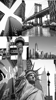 the statue of liberty in new york city, usa is surrounded by buildings and signs