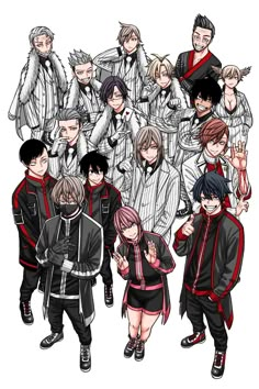 some anime characters are posing together for a group photo in black and red outfits, with their arms around each other's shoulders