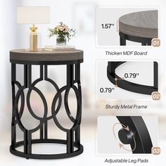 an image of a side table with measurements for the top and bottom section on it