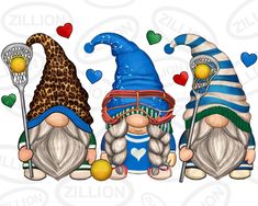 three gnomes with tennis rackets and balls in front of a white background that says i love you