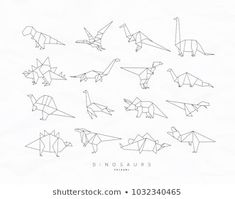 an image of origami dinosaurs in different positions and sizes on white paper background