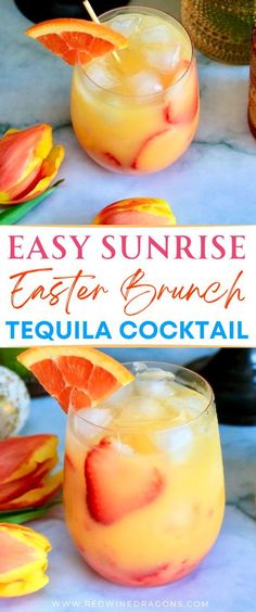 an easy sunrise easter brunch with tequila cocktail and orange slices on the rim