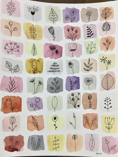 an art project with flowers and leaves drawn on paper in different colors, shapes and sizes