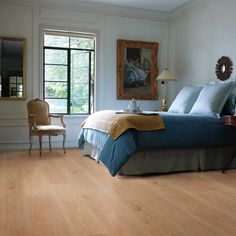 a bedroom with hardwood floors and white walls