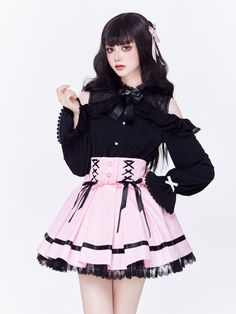 High-waisted skirt adorned with double rows of lace-up details, ruffles and heart shaped buttons, featuring a loose elastic waist, black lace trimmed hemline.   	 		 			Size 			S 			M 			L 		 		 			Full Length (Lace trim not included) 			41 			42 			43 		 		 			Waist 			66-96 			70-100 			74-104 Harajuku Ruffled Mini Skirt, Harajuku Style Ruffled Mini Skirt, Harajuku Mini Skirt With Ruffles, Harajuku Style Ruffled Skirt Bottoms, Harajuku Style Black Ruffled Bottoms, Gothic Mini Skirt With Ruffles For Spring, Spring Gothic Mini Skirt With Ruffles, Cute Black Skirt With Ruffles, Spring Gothic Ruffled Skirt